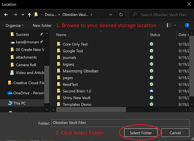 Selecting the Folder for Vault Storage