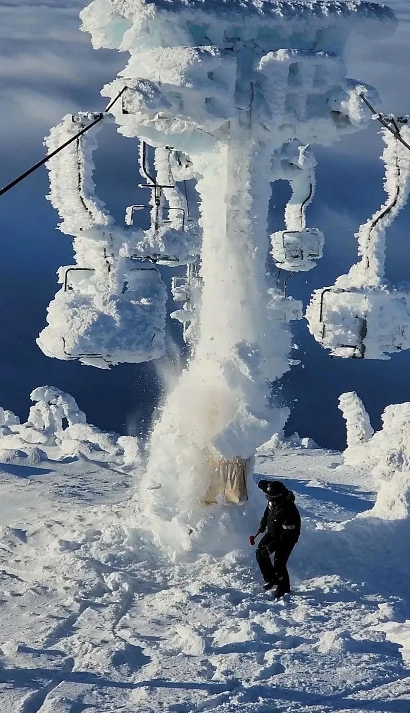 Frozen cable car at a ski resort