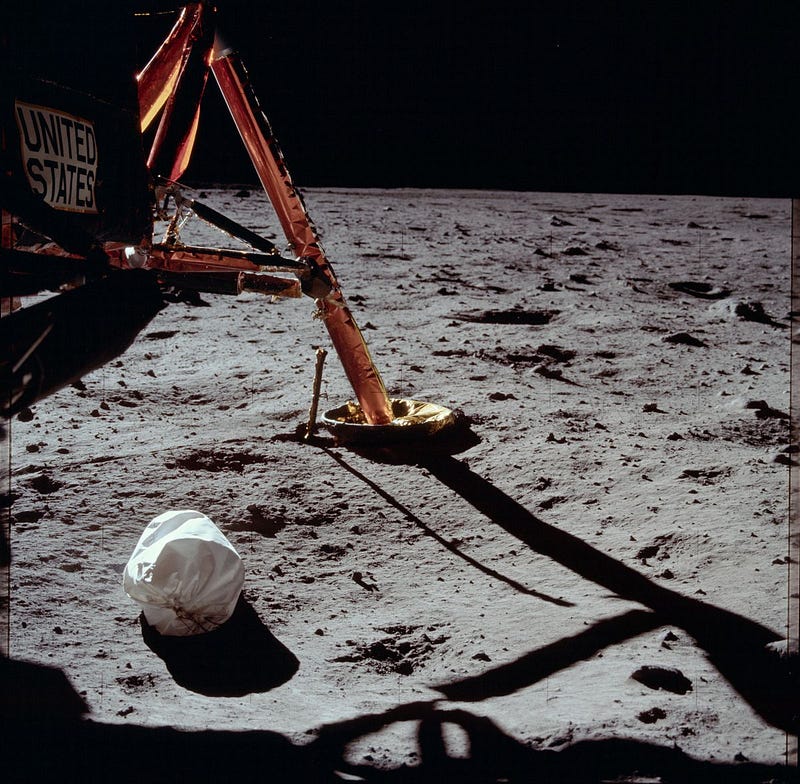 Apollo astronauts navigating waste management on the moon.