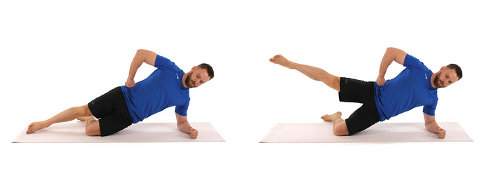 Demonstrating a side plank leg raise for core strength