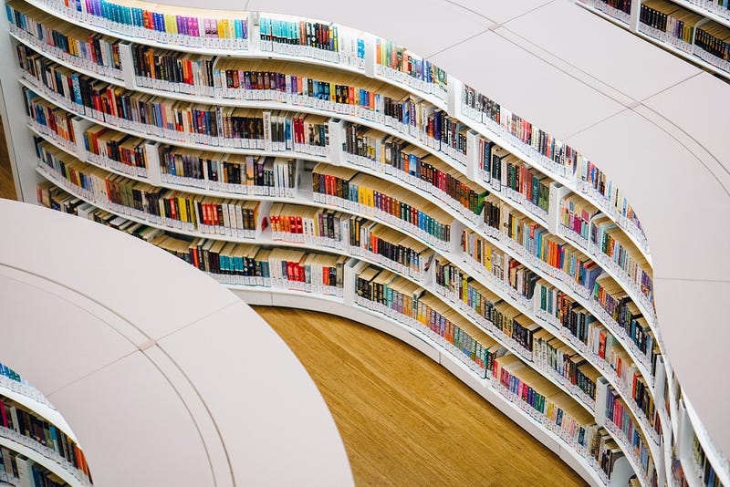 Organized shelves filled with books and stories