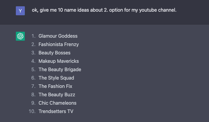 Channel name suggestions from ChatGPT