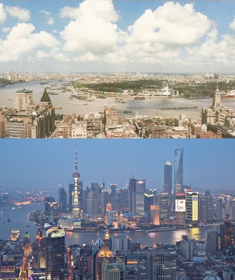 A comparison of Shanghai's skyline from 1990 to 2010.