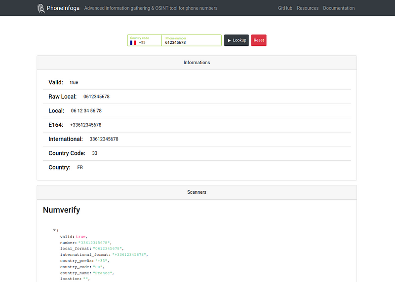 Phoneinfoga framework interface