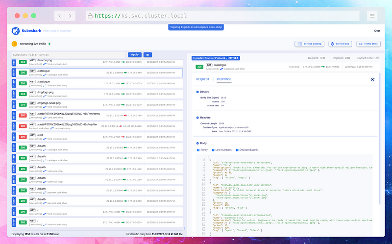 Kubeshark traffic monitoring interface