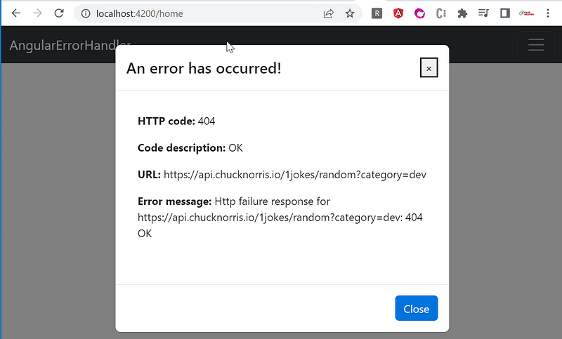 Modal dialog illustrating HTTP error details