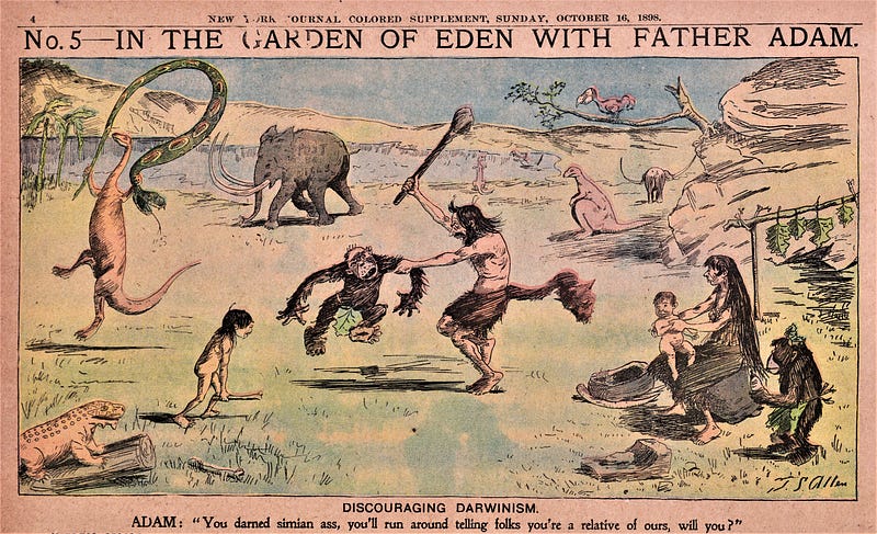 Cartoon depicting a humorous confrontation with Darwin