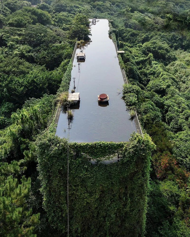 A serene water-filled roof on an abandoned building in Chishima