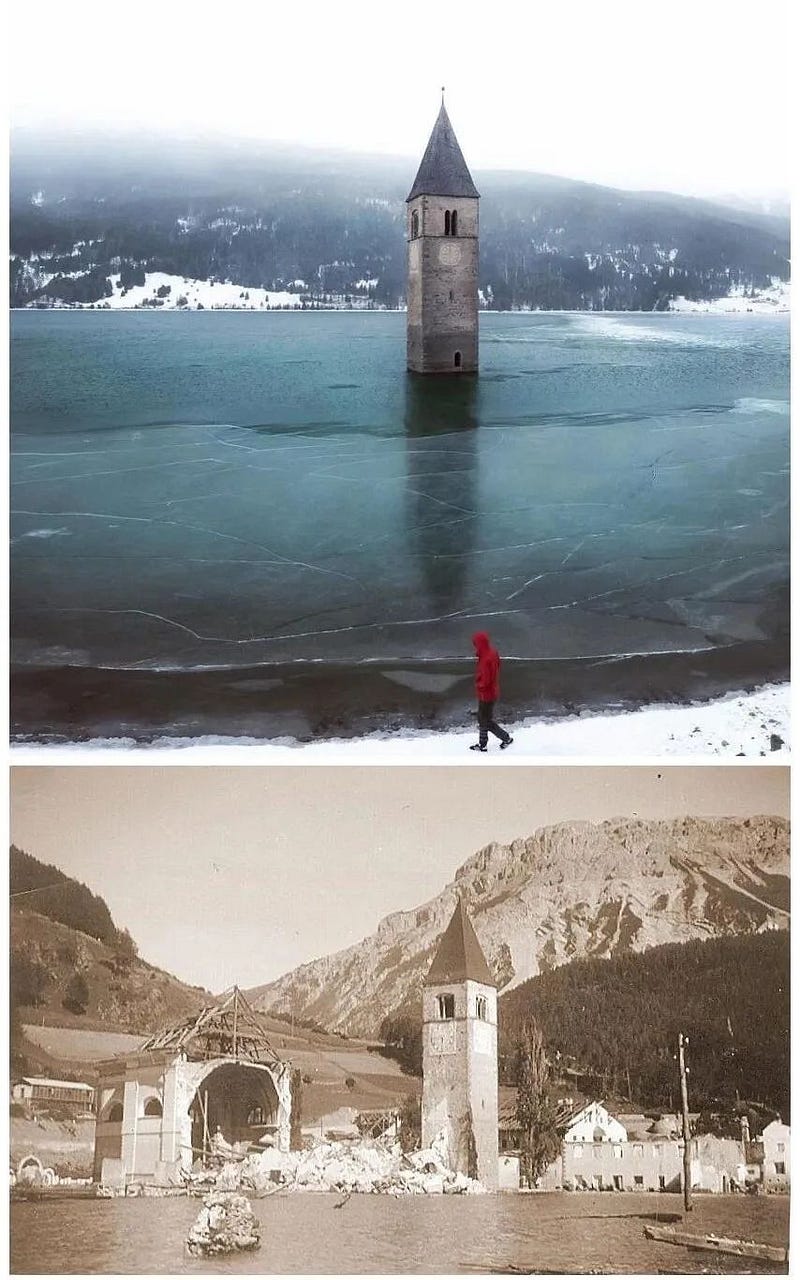 The submerged clock tower of Kuhlen, Germany, after flooding