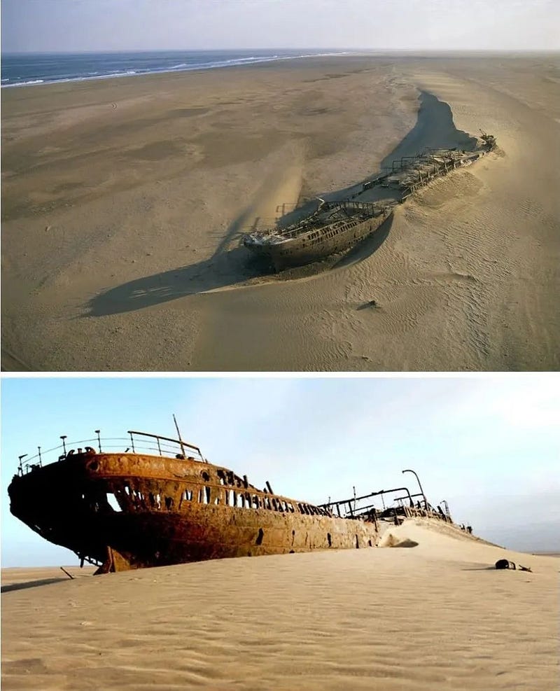 The wreck of Edward Bolen on Namibia's Skeleton Coast, covered in sand