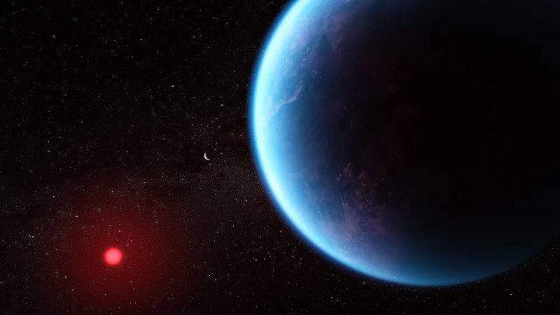 Artistic rendering of exoplanet K2–18b based on scientific findings.