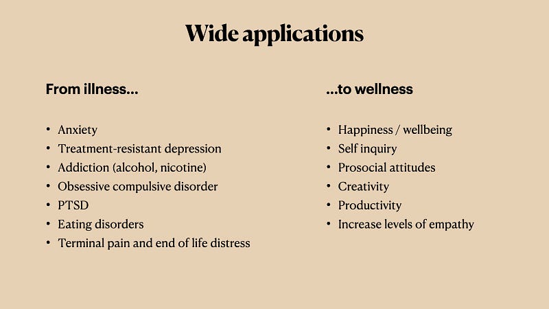 Spectrum of Psychedelic Applications