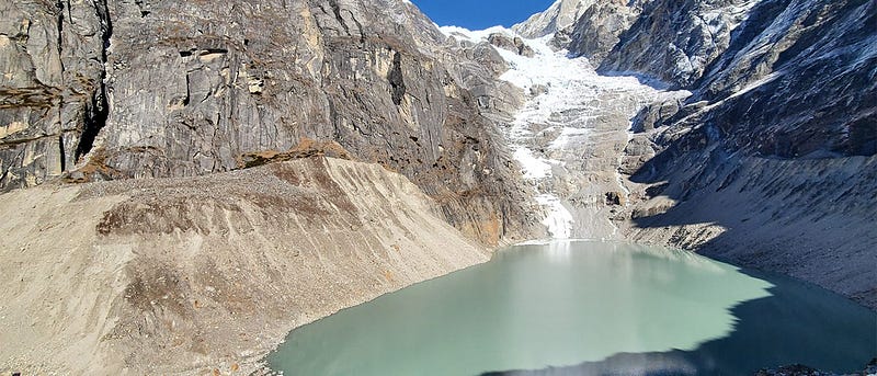 A glacial lake with lateral moraines visible